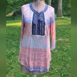 RXB Woman’s Soft Boho Geometric Y-Neck Tunic Top With Tassels Size Small